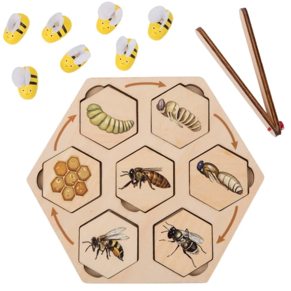 Wooden Bee Life Cycle Puzzle Toy with Tray Clip and Figurines Montessori Science Learning Activity for Kids Ages 3 to 6