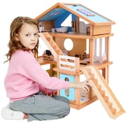 Adena Montessori Wooden Dollhouse All Seasons -Modern Family,DIY Fake Dollhouse with 35 Pcs Furniture Accessories Creative Gift for Children 3+