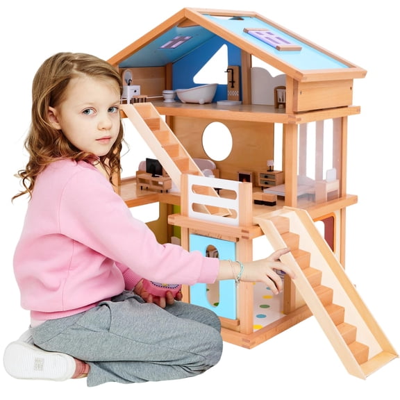 Adena Montessori Wooden DollhouseAll Seasons -Modern Family,DIY Fake Dollhouse with 35 Pcs Furniture AccessoriesCreative Gift for Children 3+