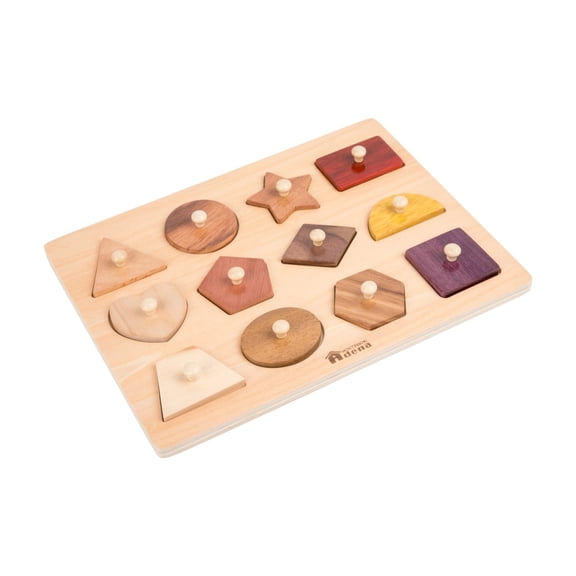 Montessori Wooden Shape Puzzle for Toddlers 12 Piece Peg Board with Knobs Natural Wood Learning Toy