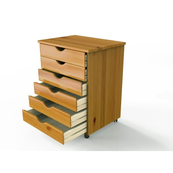 Jela Original Roll Cart, Solid Wood, 6 Drawer Extra Wide Roll Cart, Med Pine