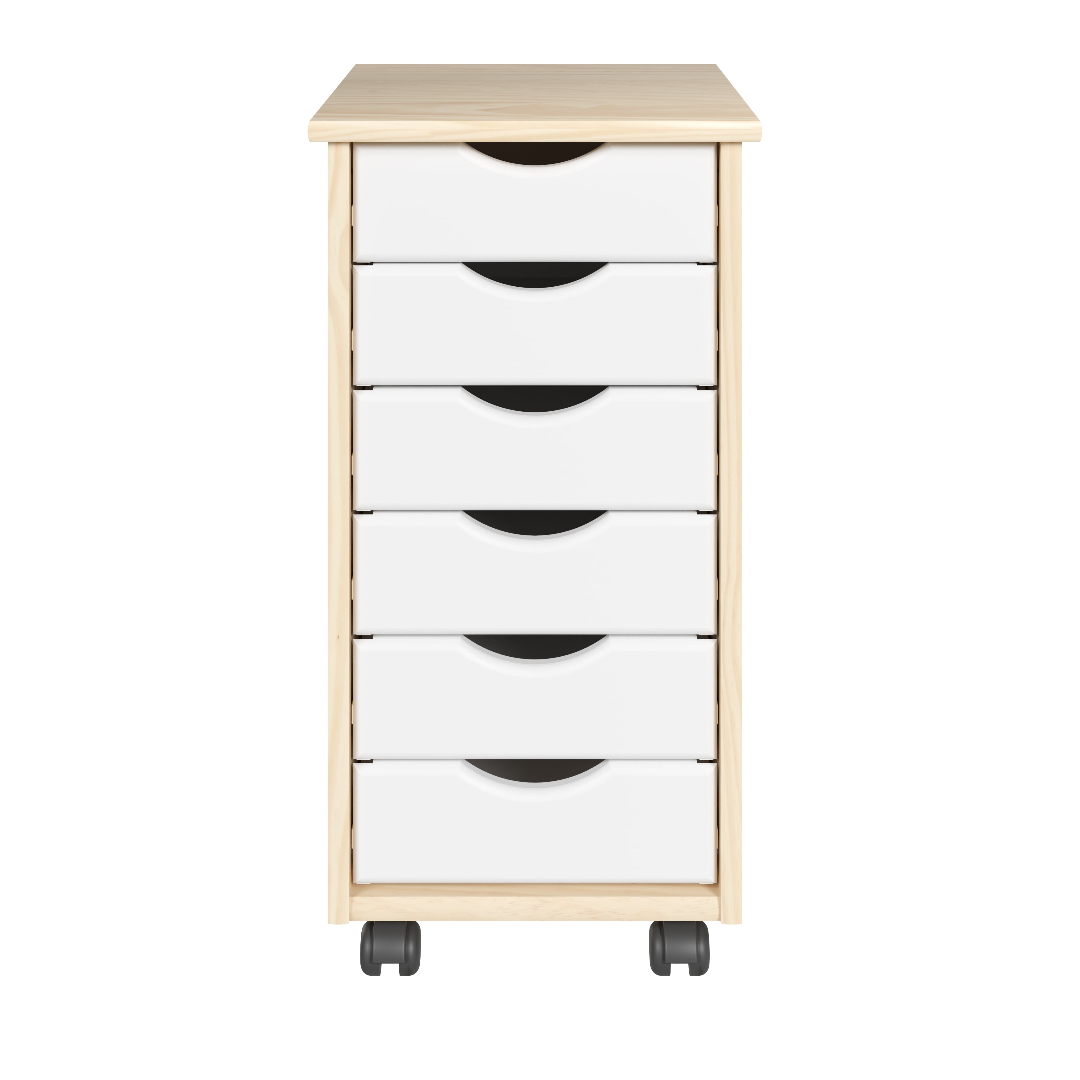 Natural and White Solid Wood 6-Drawer Rolling Storage Cart