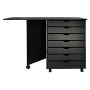 Jela Solid Wood 7 Drawer Gate Leg Roll Cart Desk in Black