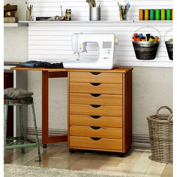 Adeptus Original Roll Cart, Solid Wood, 7 Drawer Gate Leg Roll Cart Desk, Extra Wide Drawers