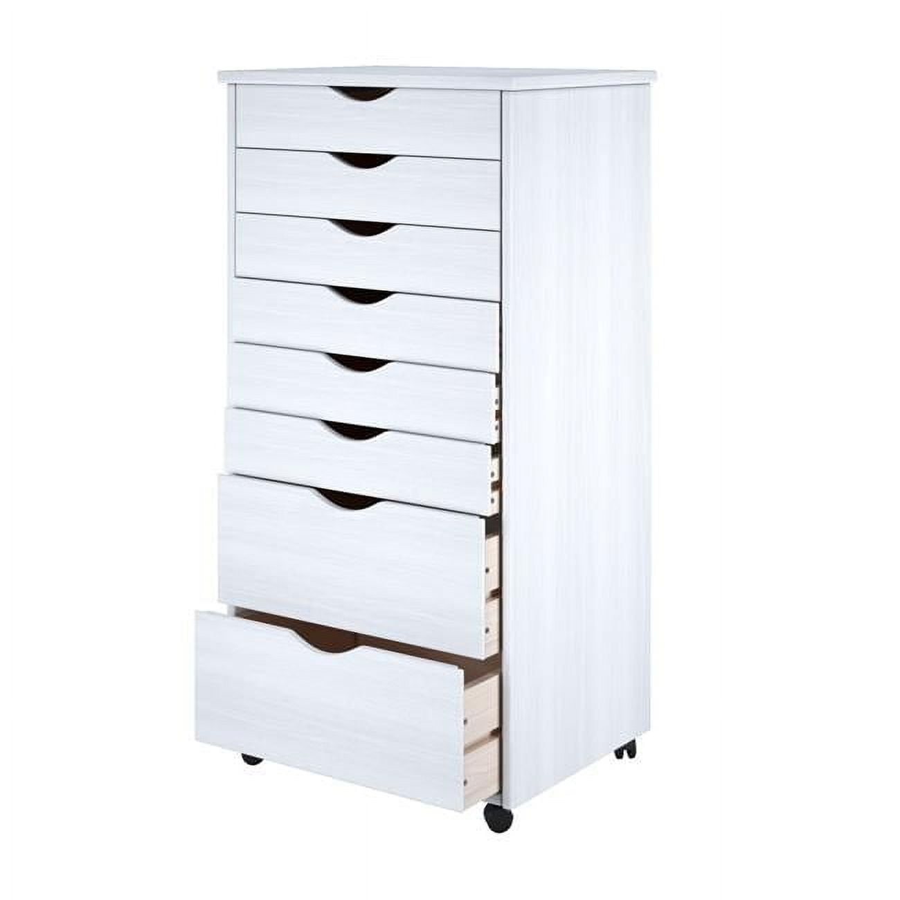 Whitewash Solid Pine 8-Drawer Extra Wide Mobile Cabinet with Casters