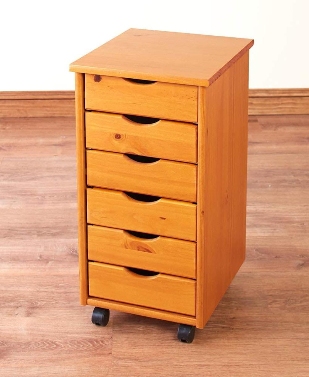 Medium Pine Solid Wood 6-Drawer Rolling Storage Cart