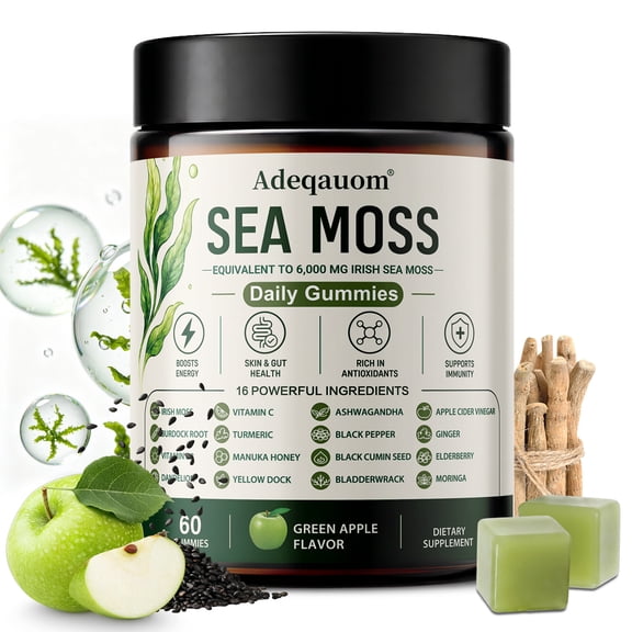 Adeqauom Sea Moss Gummies 16-in-1 for Men & Women, Green Apple Flavor, 60 Count Dietary Supplement