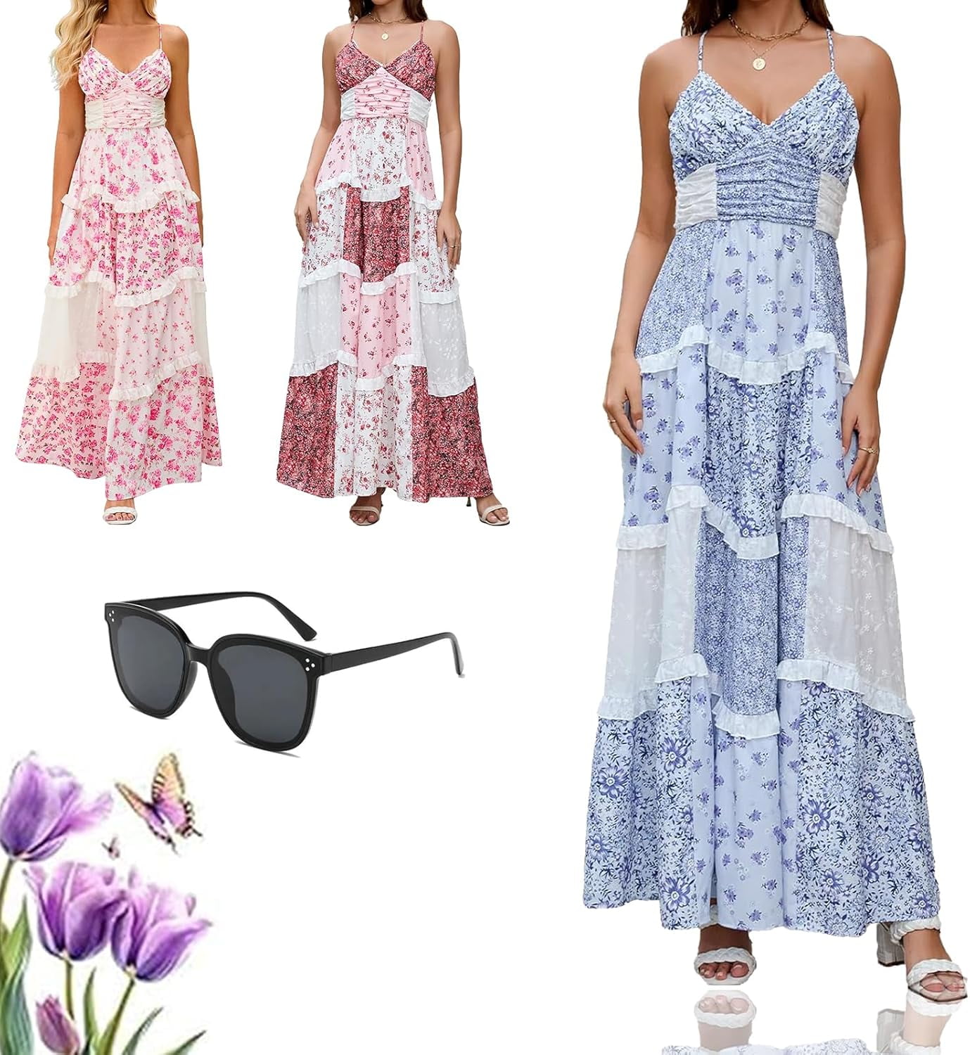 Bohemian Summer Maxi Dress Adernlia Floral Maxi Dress, Patchwork Floral Maxi Dress Plus Size, Spaghetti Strap V Neck Beach Dre-ss (A,Small Backless Sundress For Vacation Bohemian Summer Maxi Dress Adernlia Floral Maxi Dress, Patchwork Floral Maxi Dress Plus Size, Spaghetti Strap V Neck Beach Dre-ss (A,Small Backless Sundress For Vacation