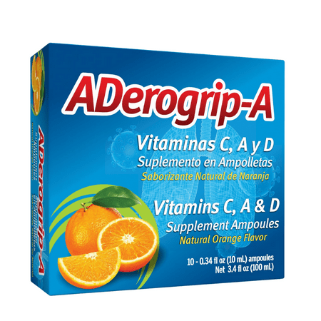 Aderogripa Vitamins C, A & D Natural Orange Flavor Liquid Supplement - Box with 10 - 10 mL Ampoules