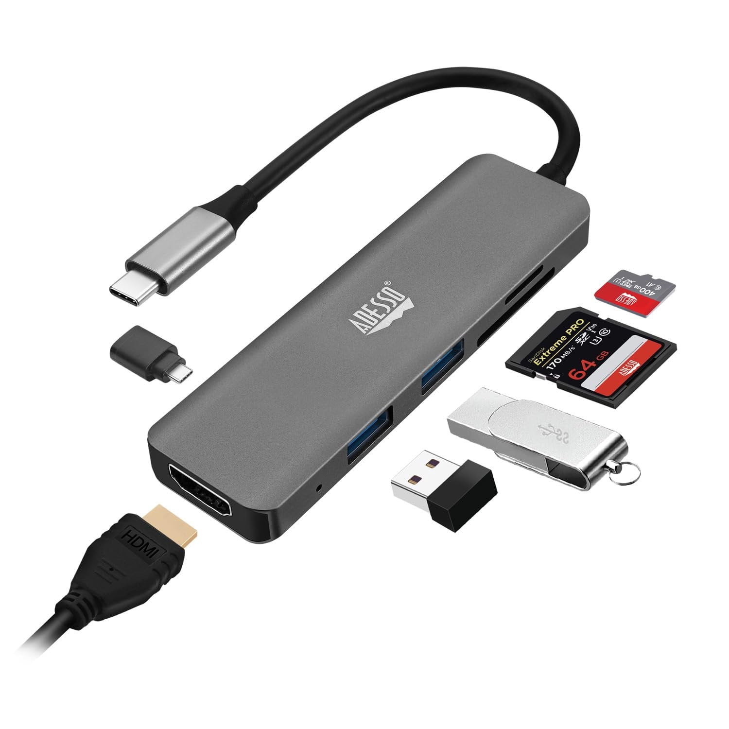 Adesso USB C Docking Station Multiport Adapter Dongle Type C Hub HDMI Support 4K30Hz, PD Charging, 2USB, SD/TF Card Reader for MacBook Windows Laptop TAA Compliant