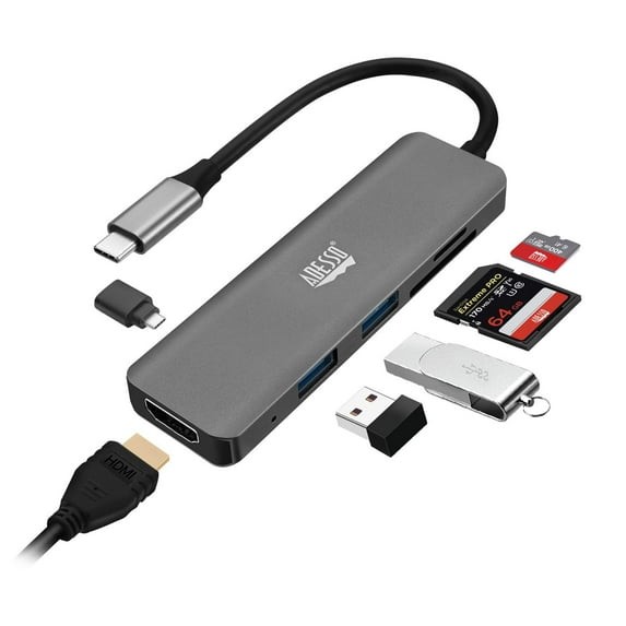 Adesso USB C Docking Station Multiport Adapter Dongle Type C Hub HDMI Support 4K30Hz, PD Charging, 2USB, SD/TF Card Reader for MacBook Windows Laptop TAA Compliant