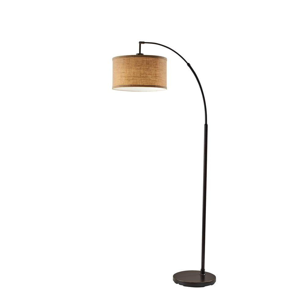 Antique Bronze Burlap Arc Floor Lamp with Drum Shade