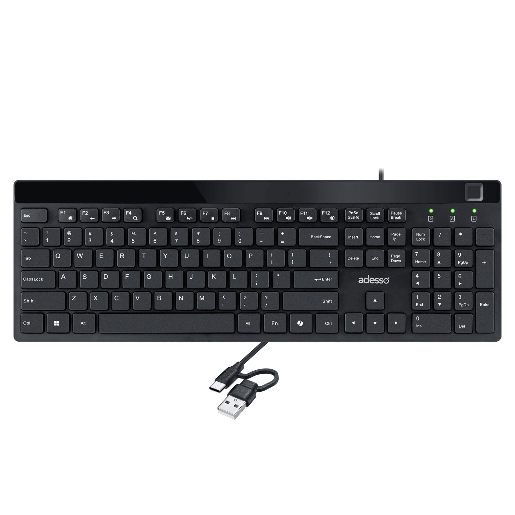 Adesso AKB-140FB Keyboard - Cable Connectivity - USB Type A, USB Type C Interface - 104 Key(s) - My Computer, Back, Forward, Search, Email, CoPilot, Play/Pause, Stop, Previous Track, Next Track, Vo...