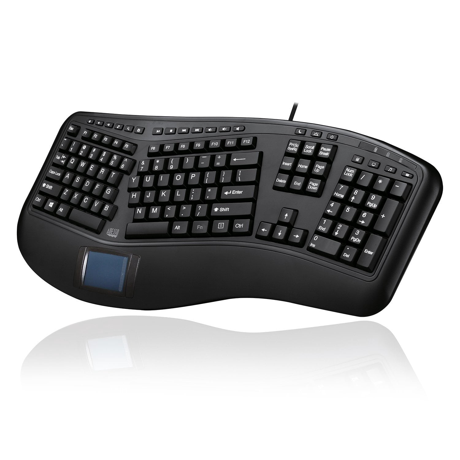 Adesso AKB-450UB Ergonomic Touchpad Keyboard Wired USB Split Key Design Built in Palm Rest 104 Keys 20 Internet Multimedia Hotkeys Quiet Membrane Switches for Windows PC Computer Black