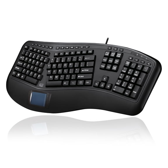Adesso AKB-450UB Ergonomic Touchpad Keyboard Wired USB Split Key Design Built in Palm Rest 104 Keys 20 Internet Multimedia Hotkeys Quiet Membrane Switches for Windows PC Computer Black