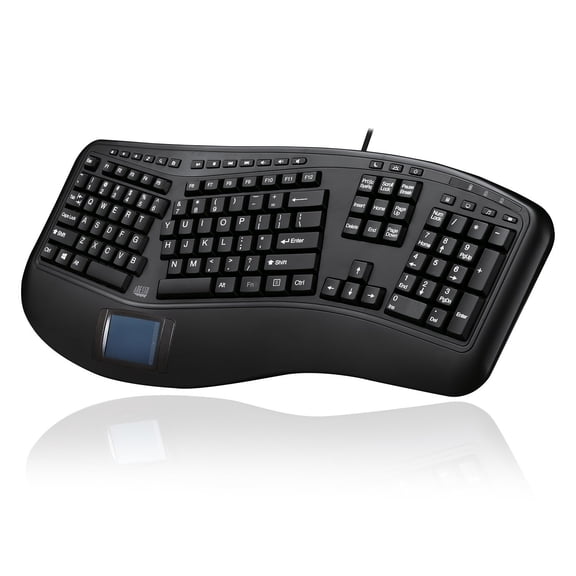 Adesso AKB-450UB Ergonomic Touchpad Keyboard Wired USB Split Key Design Built in Palm Rest 104 Keys 20 Internet Multimedia Hotkeys Quiet Membrane Switches for Windows PC Computer Black