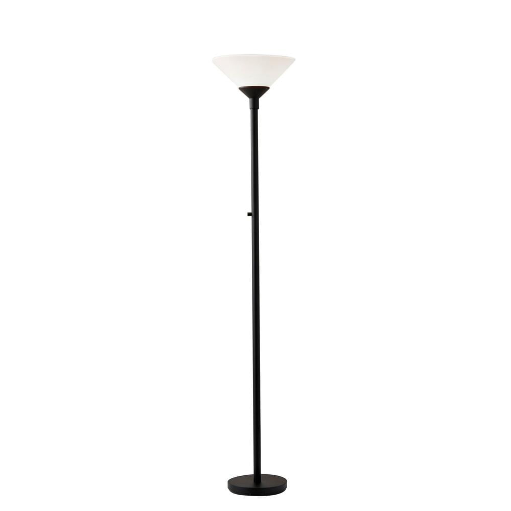 Aries Black Metal Torchiere Floor Lamp with Frosted Shade