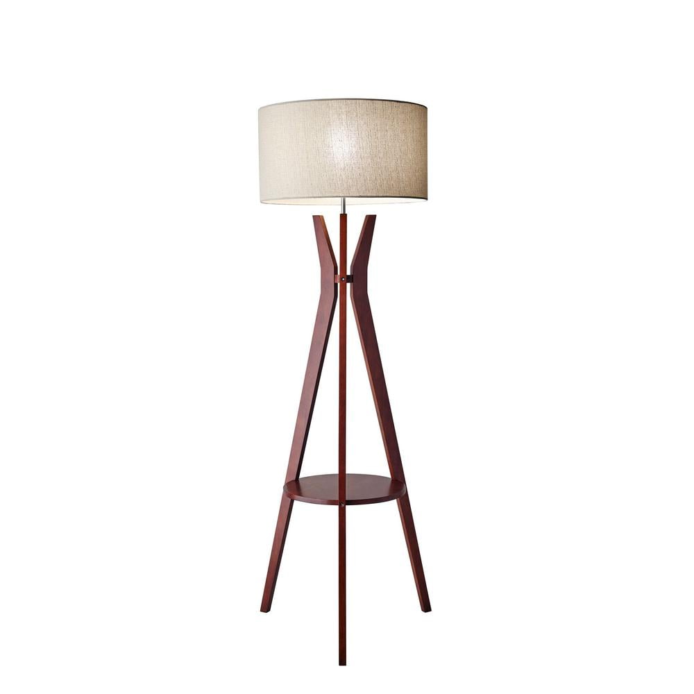 Walnut Finish Tripod Floor Lamp with Linen Shade and Shelf