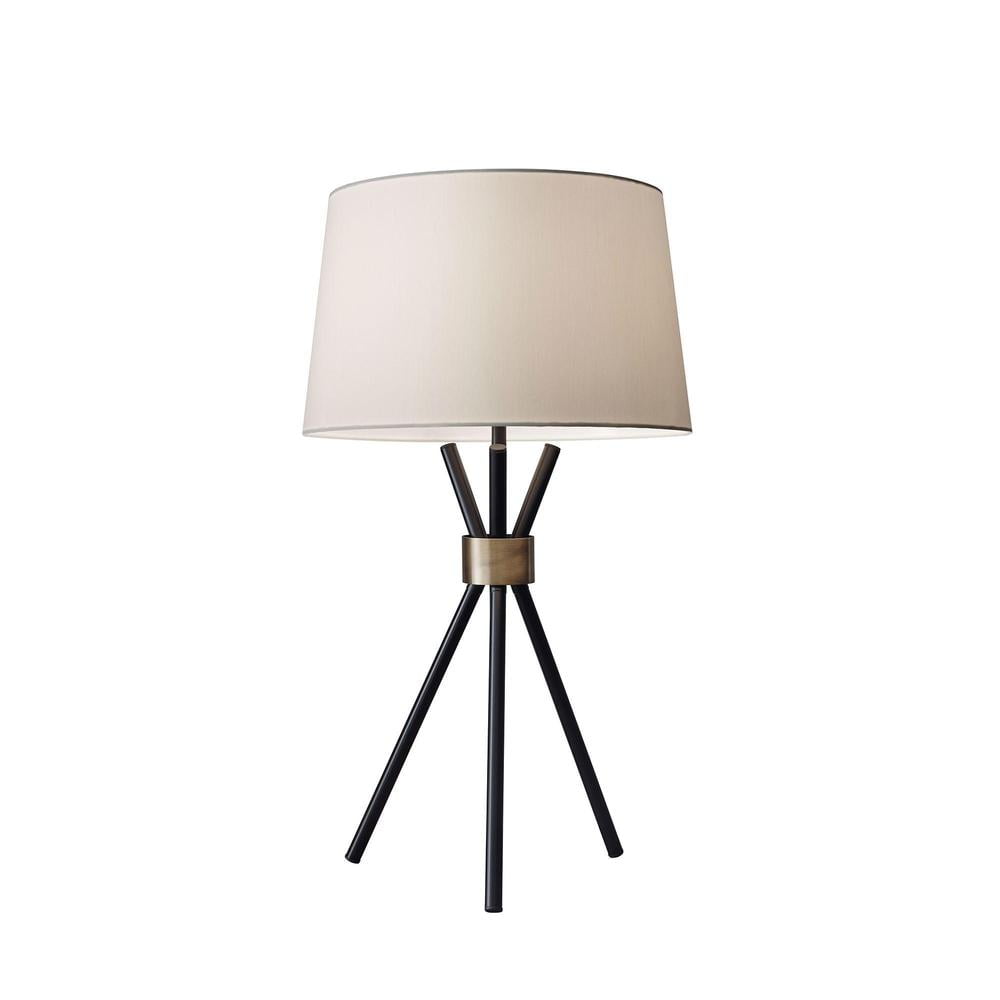 Black Tripod Table Lamp with Brass Accent and Linen Shade