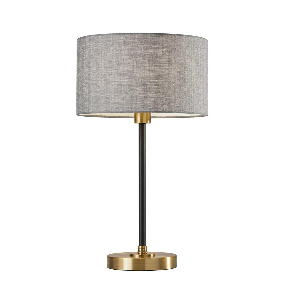 24" Black and Antique Brass Desk Lamp with Gray Fabric Shade