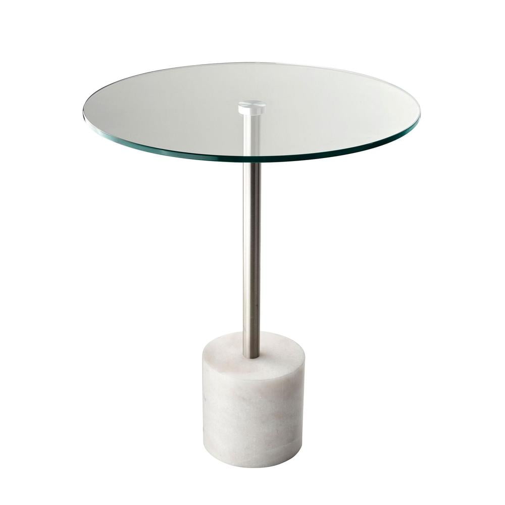 Round White Marble and Brushed Steel End Table with Glass Top