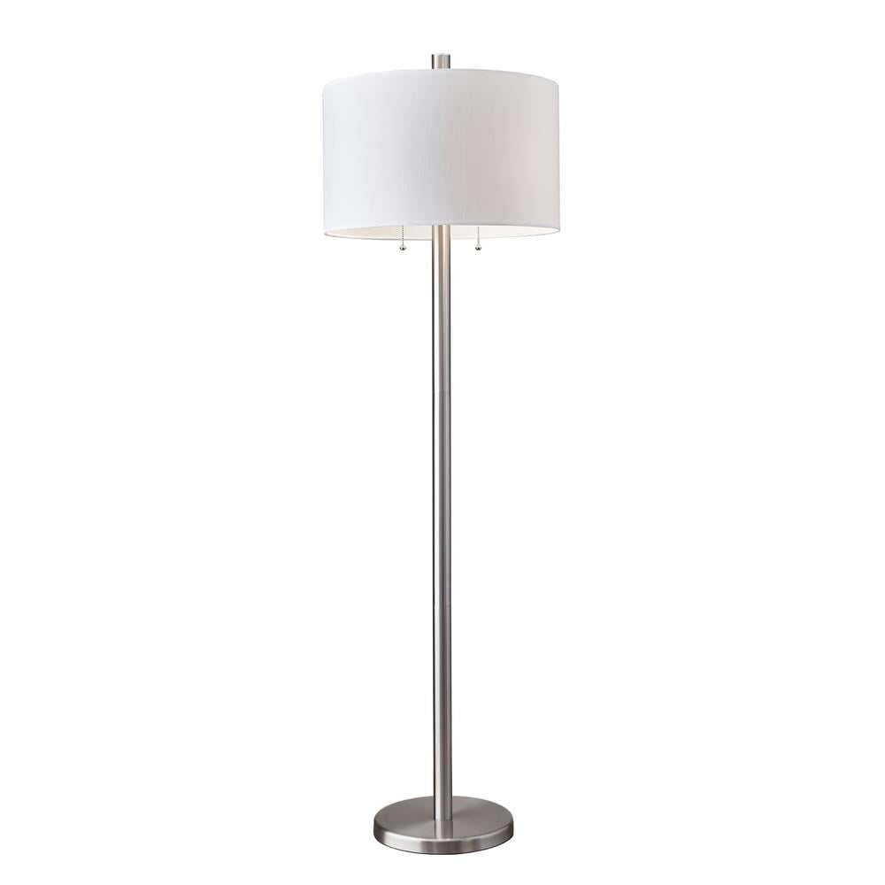Silver and White Satin Steel Floor Lamp with Drum Shade