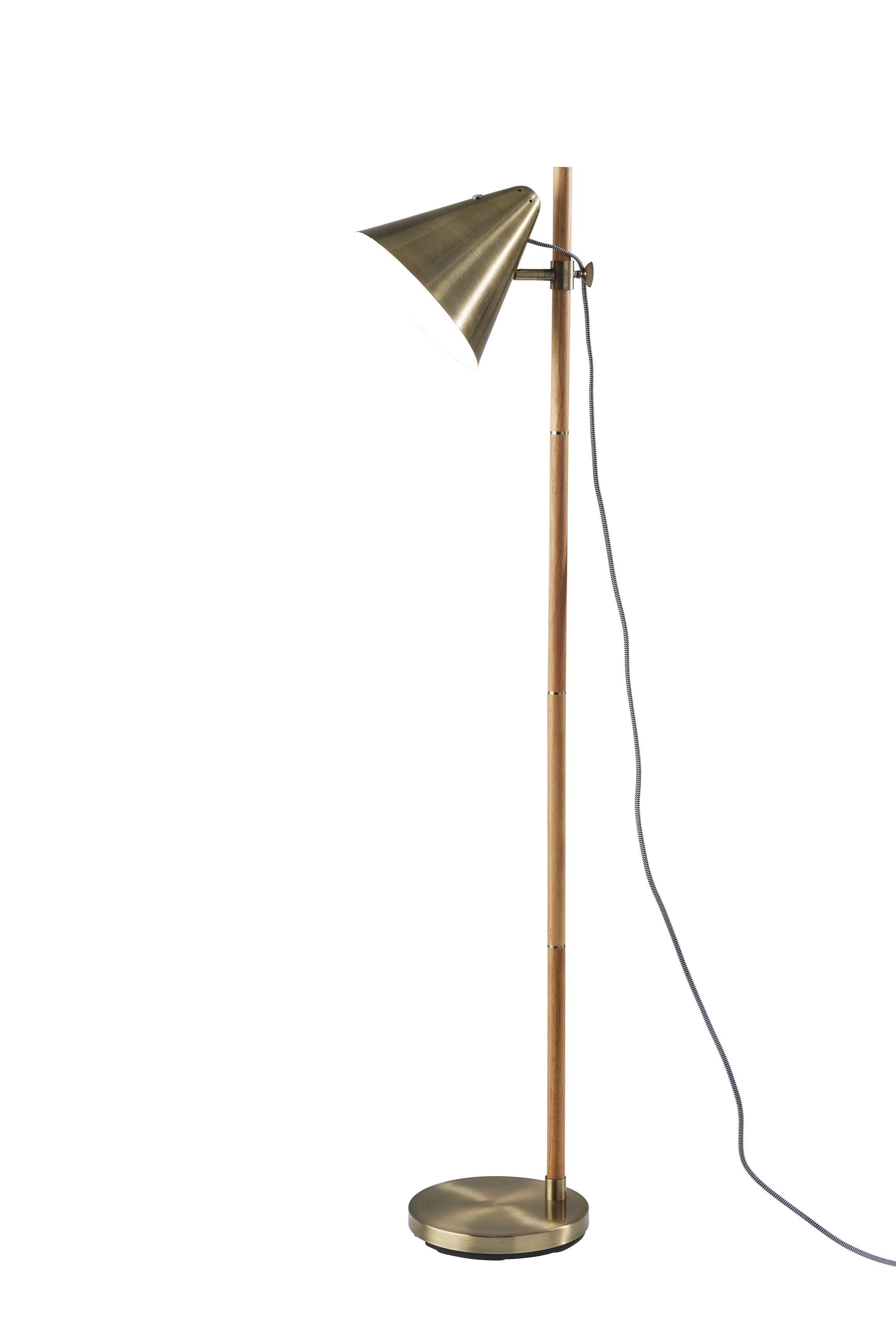 Adjustable Natural Rubberwood and Antique Brass Floor Lamp with Touch Switch