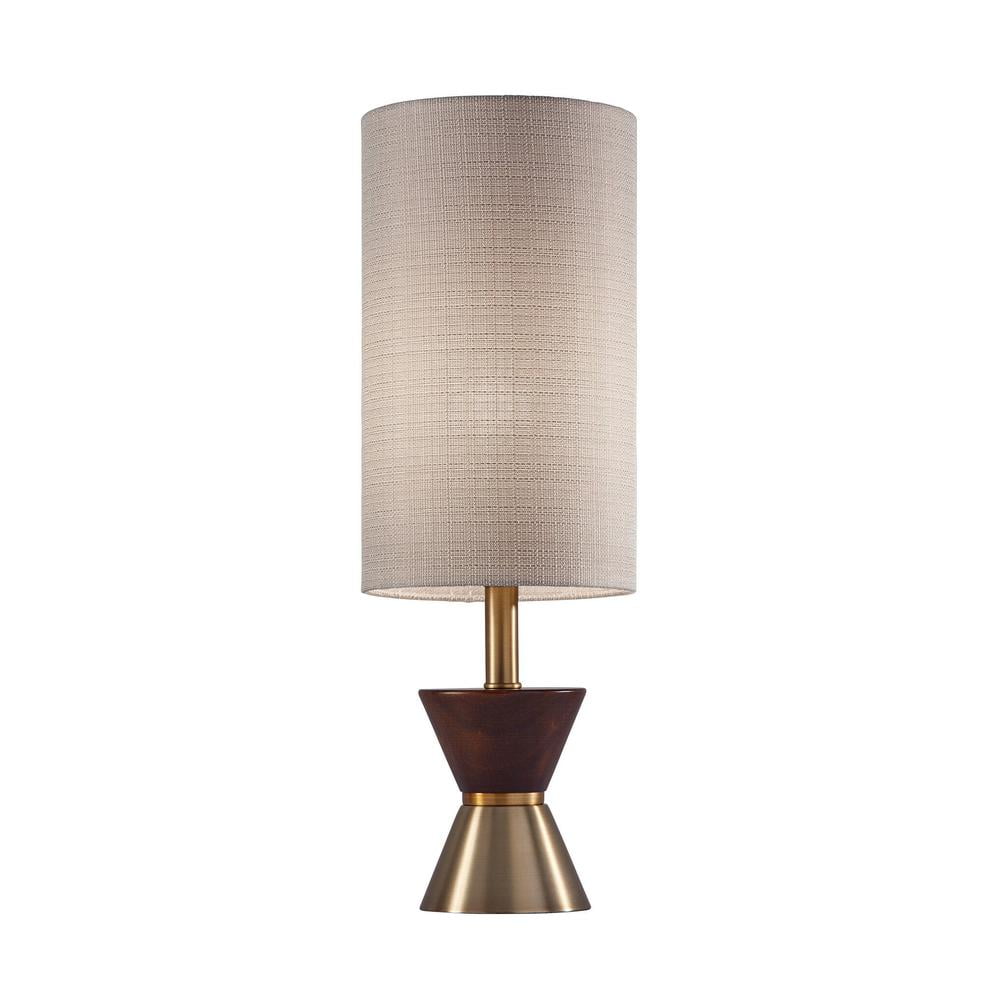 Antique Brass & Walnut Rubberwood Desk Lamp with Textured Beige Shade