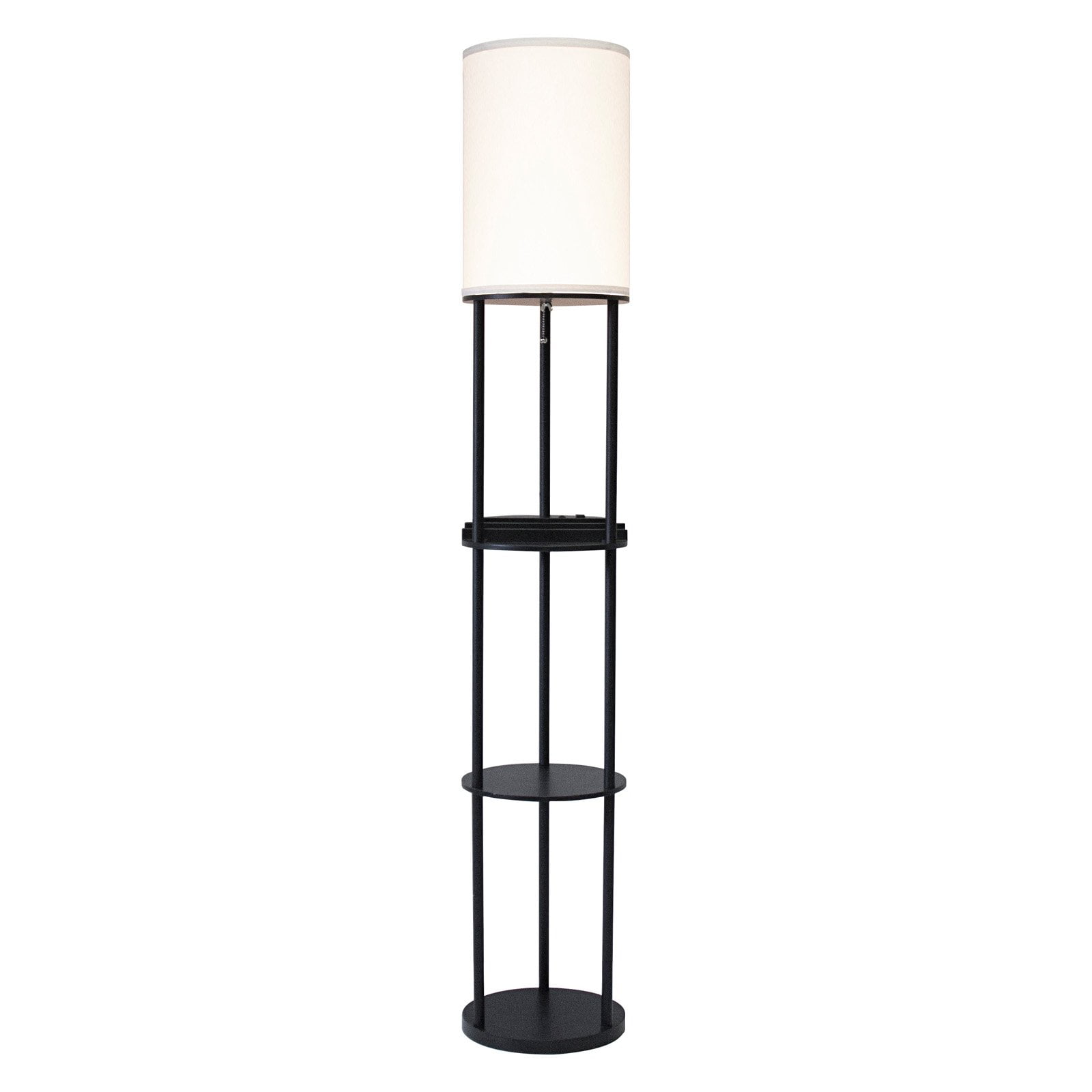 Elegant Black and White Charging Station Shelf Floor Lamp with Linen Shade