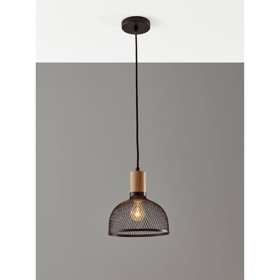 Adesso® Dale Small Pendant Lamp, 10"H, Matte Black Shade/Natural Rubberwood Base