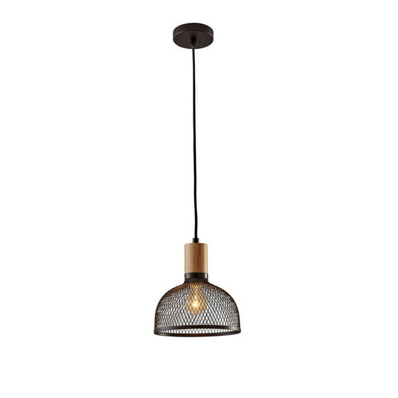 Adesso® Dale Small Pendant Lamp, 10"H, Matte Black Shade/Natural Rubberwood Base