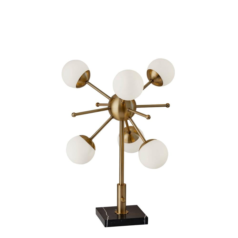 Mid-Century Modern Antique Brass Doppler LED Desk Lamp with White Opal Shades
