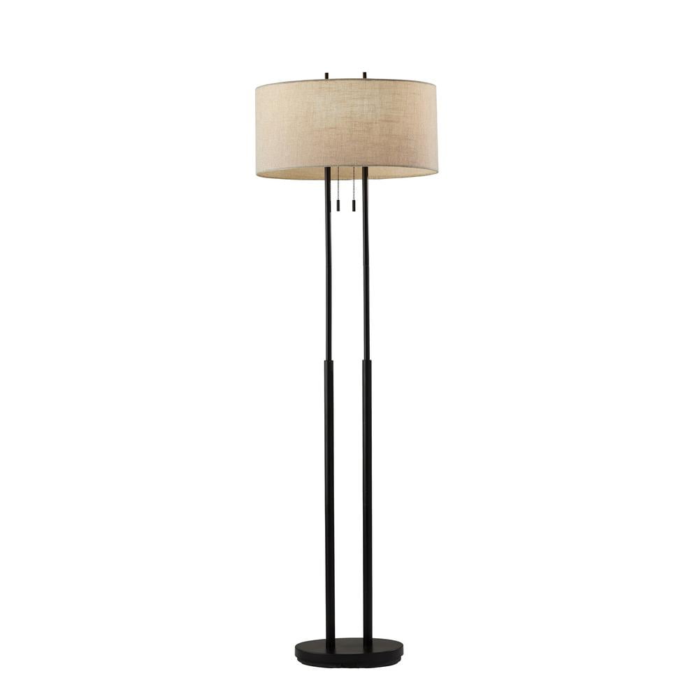 Set of 2 Antique Bronze Floor Lamps with Taupe Textured Shades
