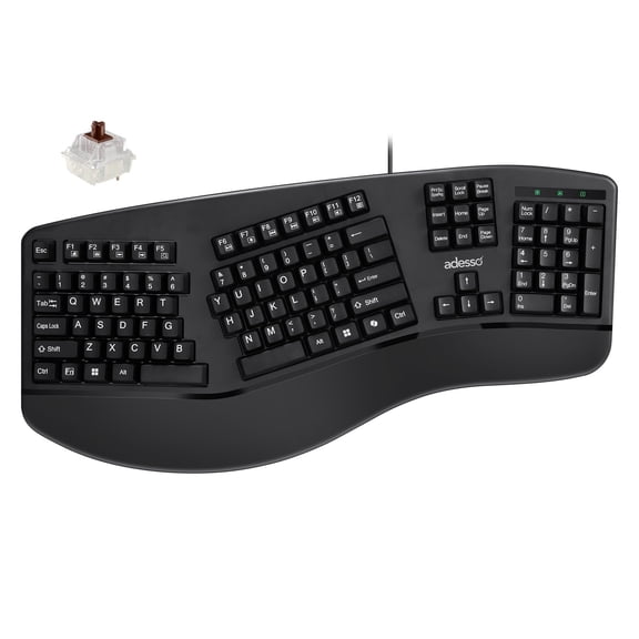 Adesso EasyTouch 150 Ergonomic Wired Mechanical Keyboard with Cherry MX Brown Switches, Integrated Palm Rest, Dedicated CoPilot AI Hotkey, Full-Sized Layout with Numeric Pad for Comfortable Typing