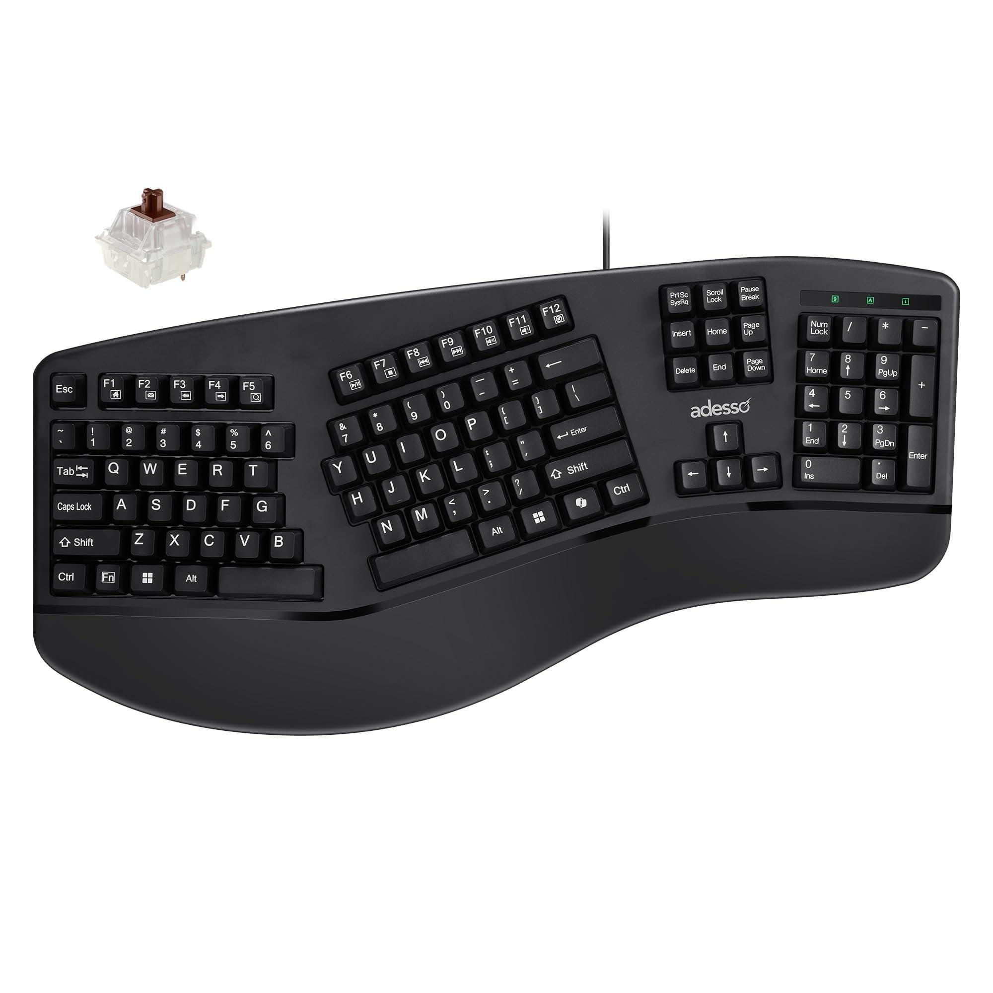 Adesso EasyTouch 150 Ergonomic Wired Mechanical Keyboard with Cherry MX Brown Switches, Integrated Palm Rest, Dedicated CoPilot AI Hotkey, Full-Sized Layout with Numeric Pad for Comfortable Typing