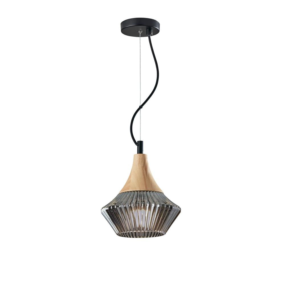 Elsie Black and Natural Wood Ribbed Glass Pendant Light