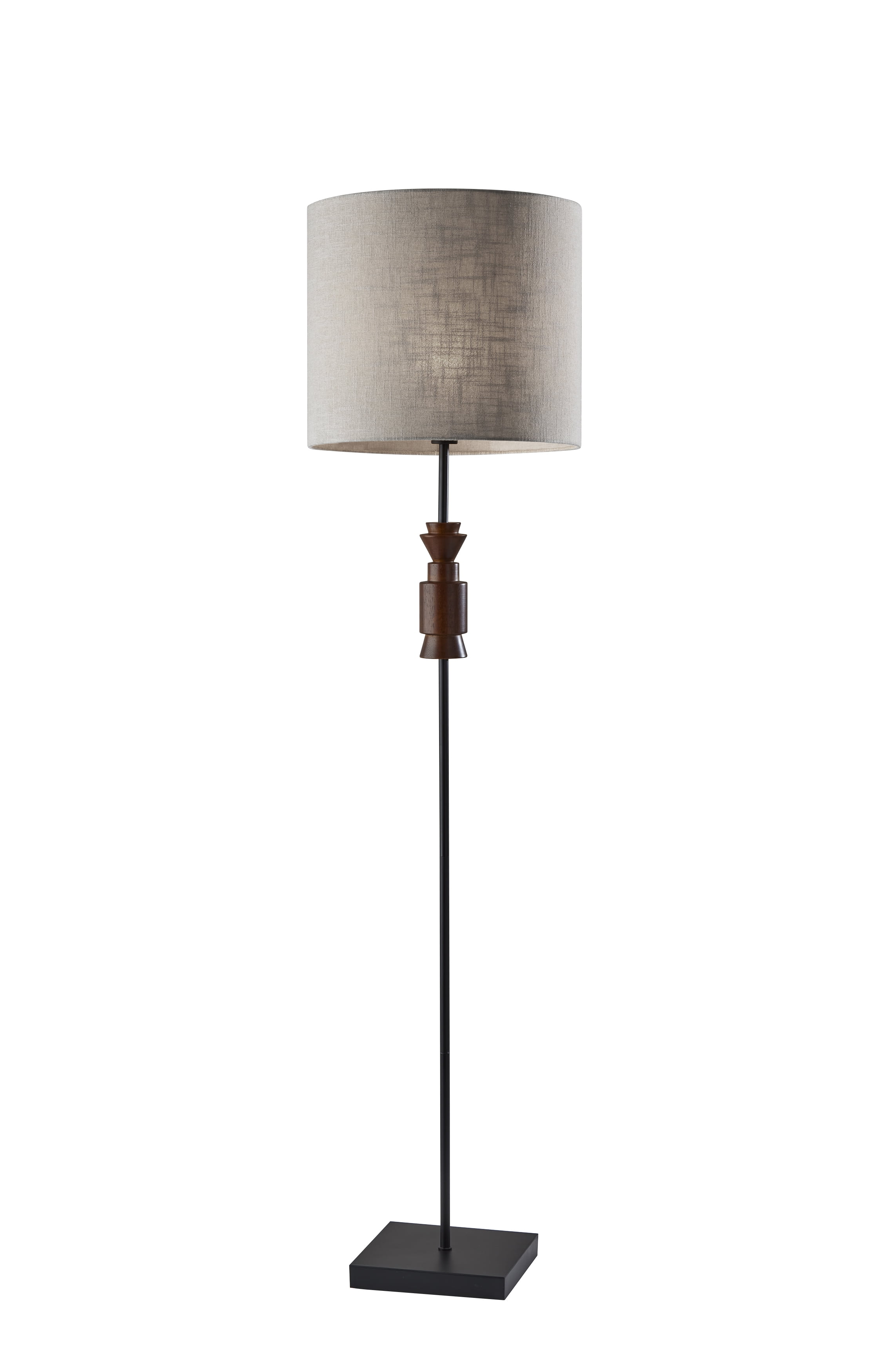 Adesso Elton Floor Lamp, Black + Walnut Wood Base, Light Beige Textured Fabric Shade