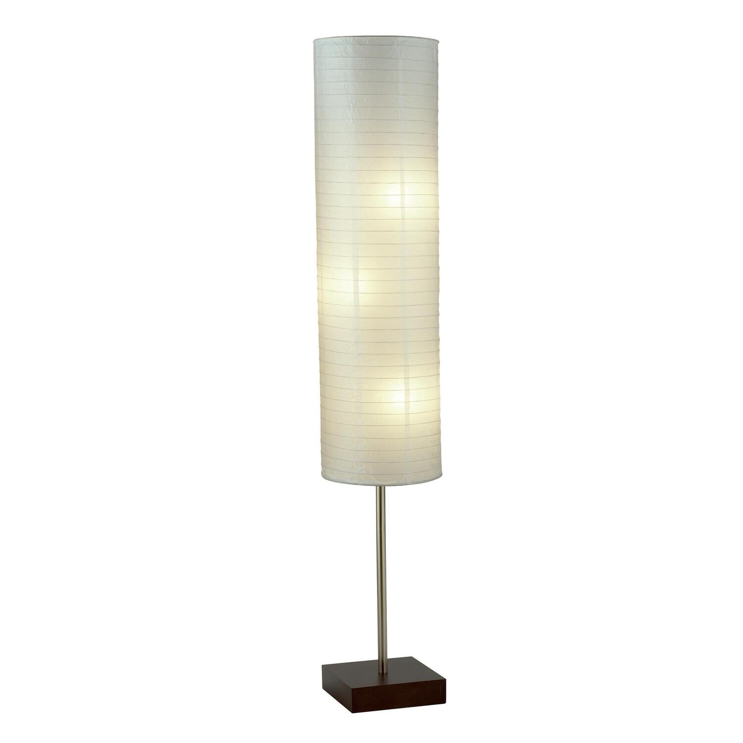White Rice Paper and Steel Floor Lamp with Wooden Base