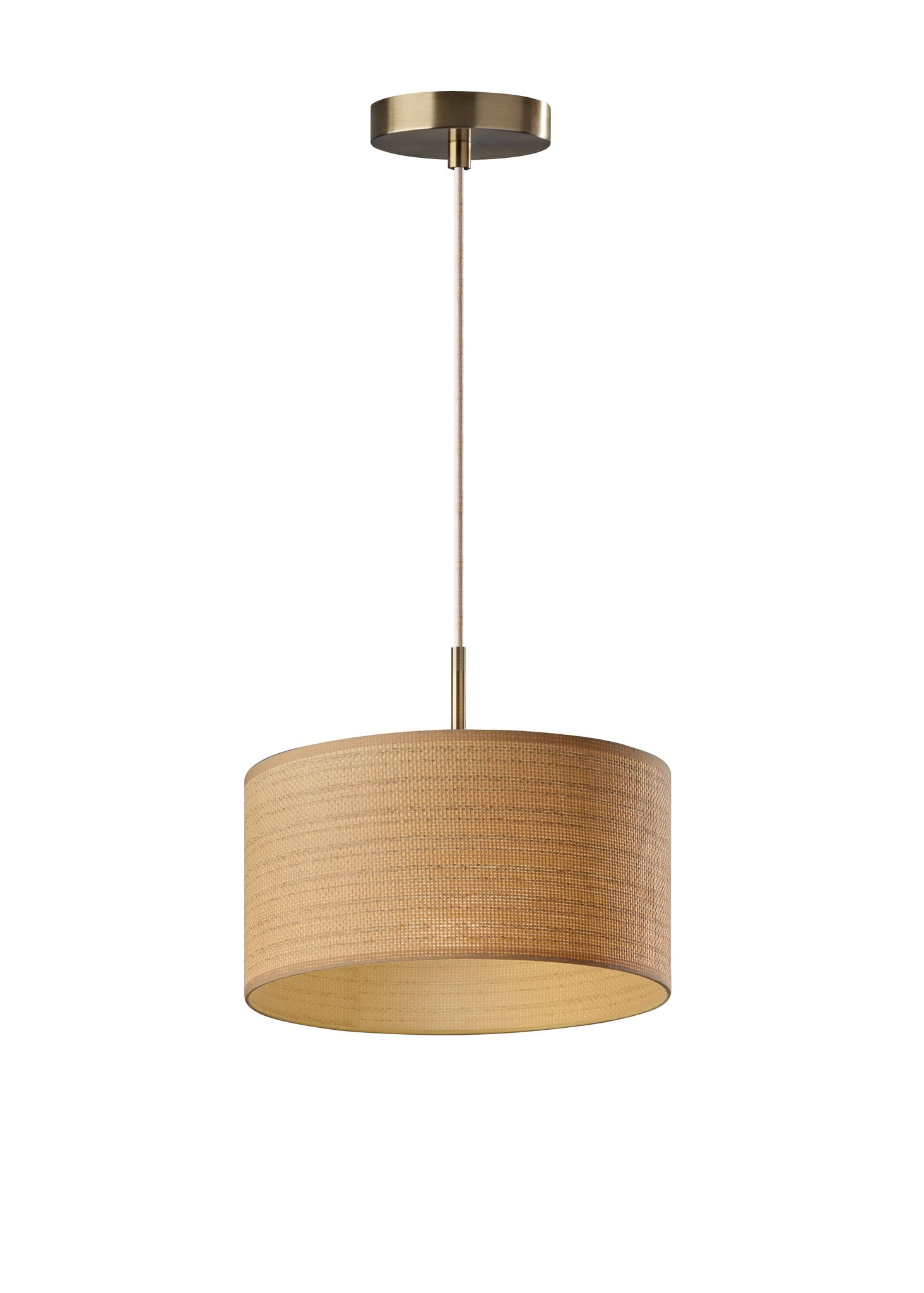 Coastal Minimalist Antique Brass Drum Pendant Light with Beige Trim