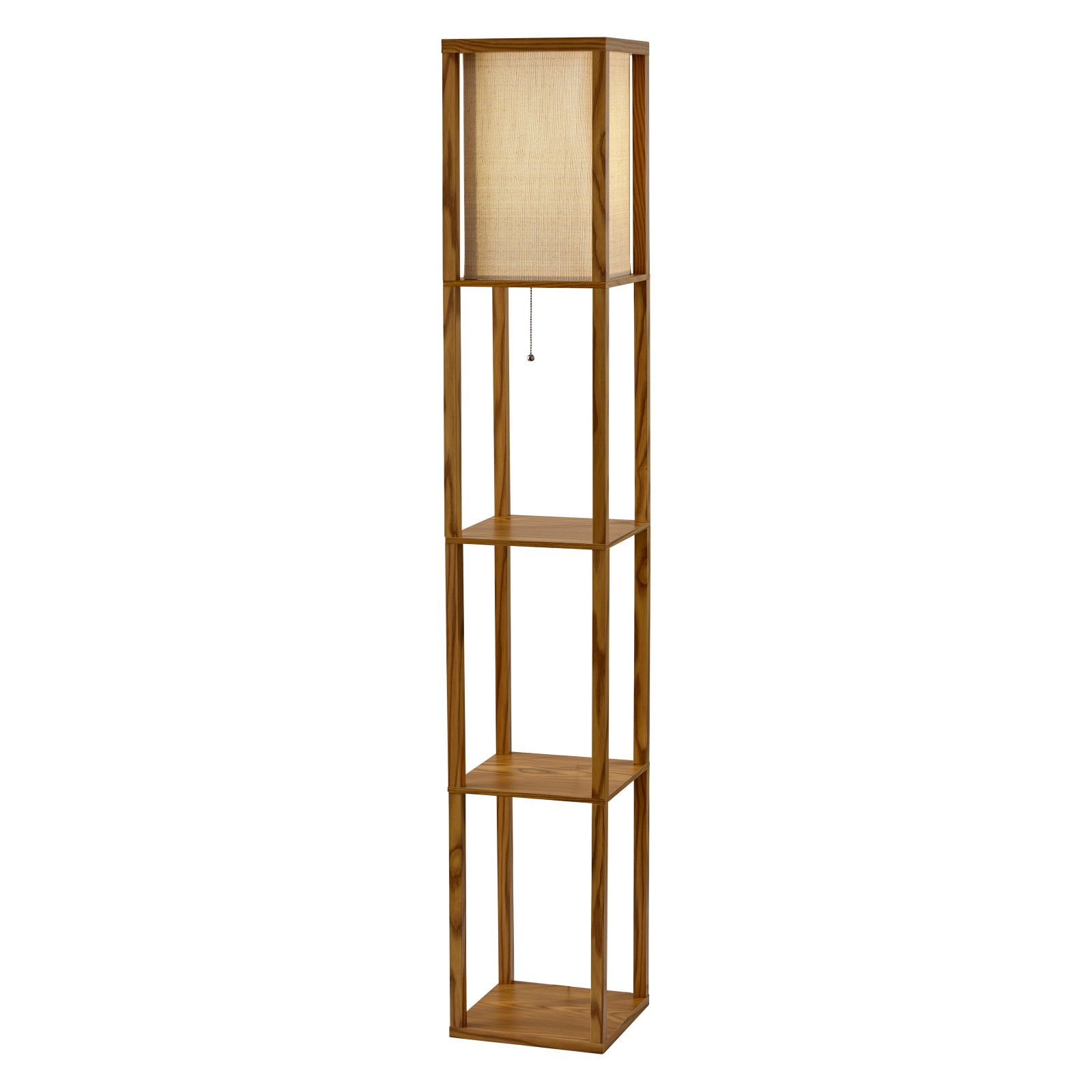 Natural Wood Veneer 63'' Floor Lamp with Textured Shade and Shelves