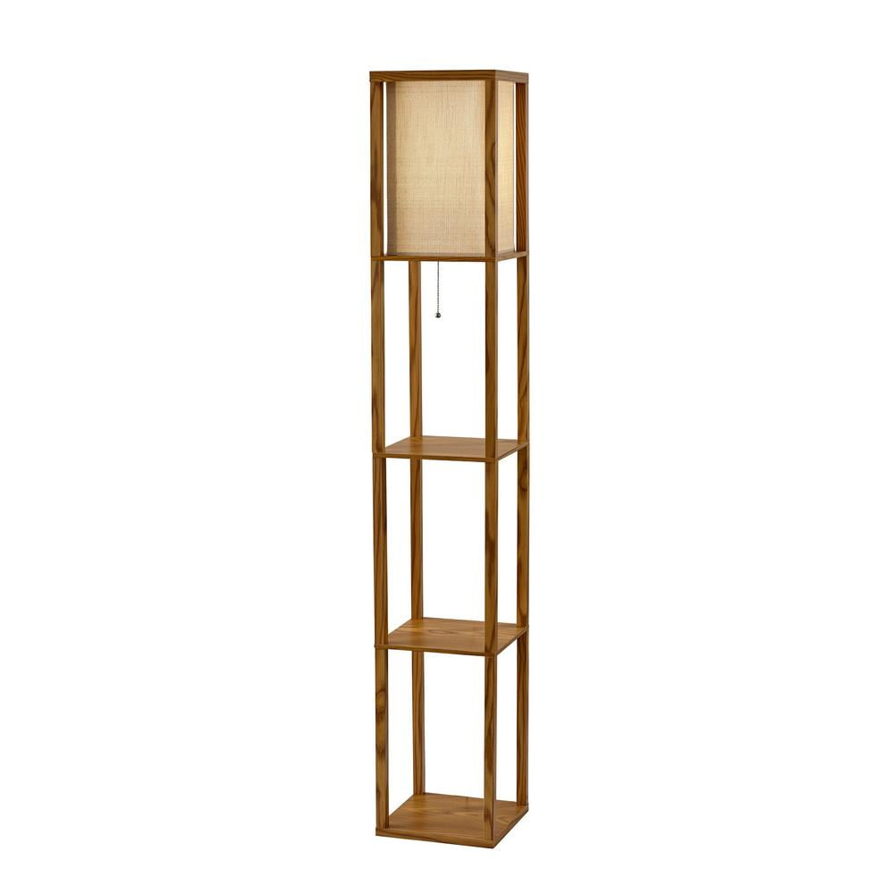 Natural Wood Veneer 63'' Floor Lamp with Textured Shade and Shelves