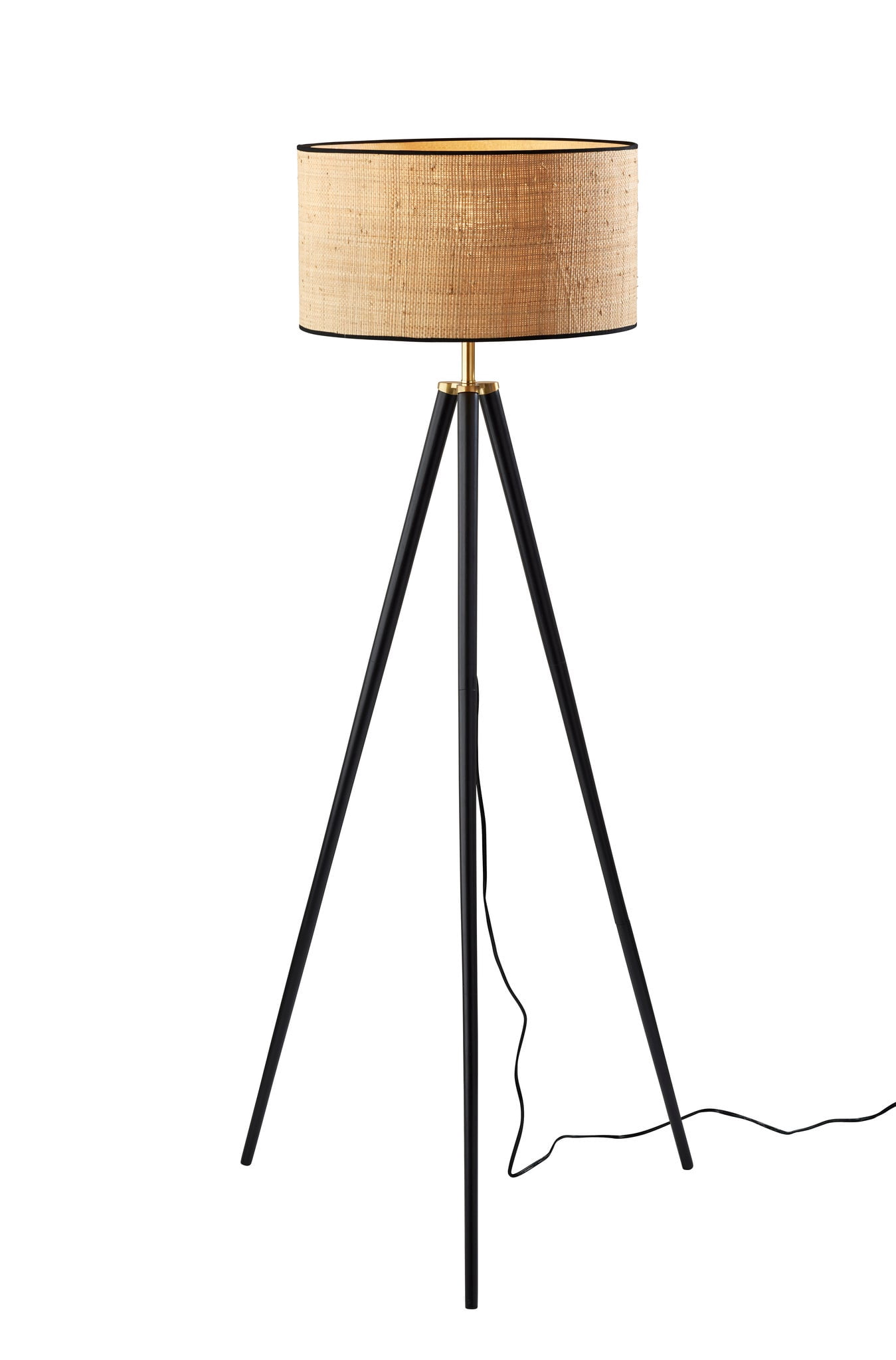 Adesso Jackson 19.15" Coastal Adjustable Head Black Wood w. Antique Brass Accents Tripod Lamps Floor Lamp with Black Wood w. Antique Brass Accents Shades