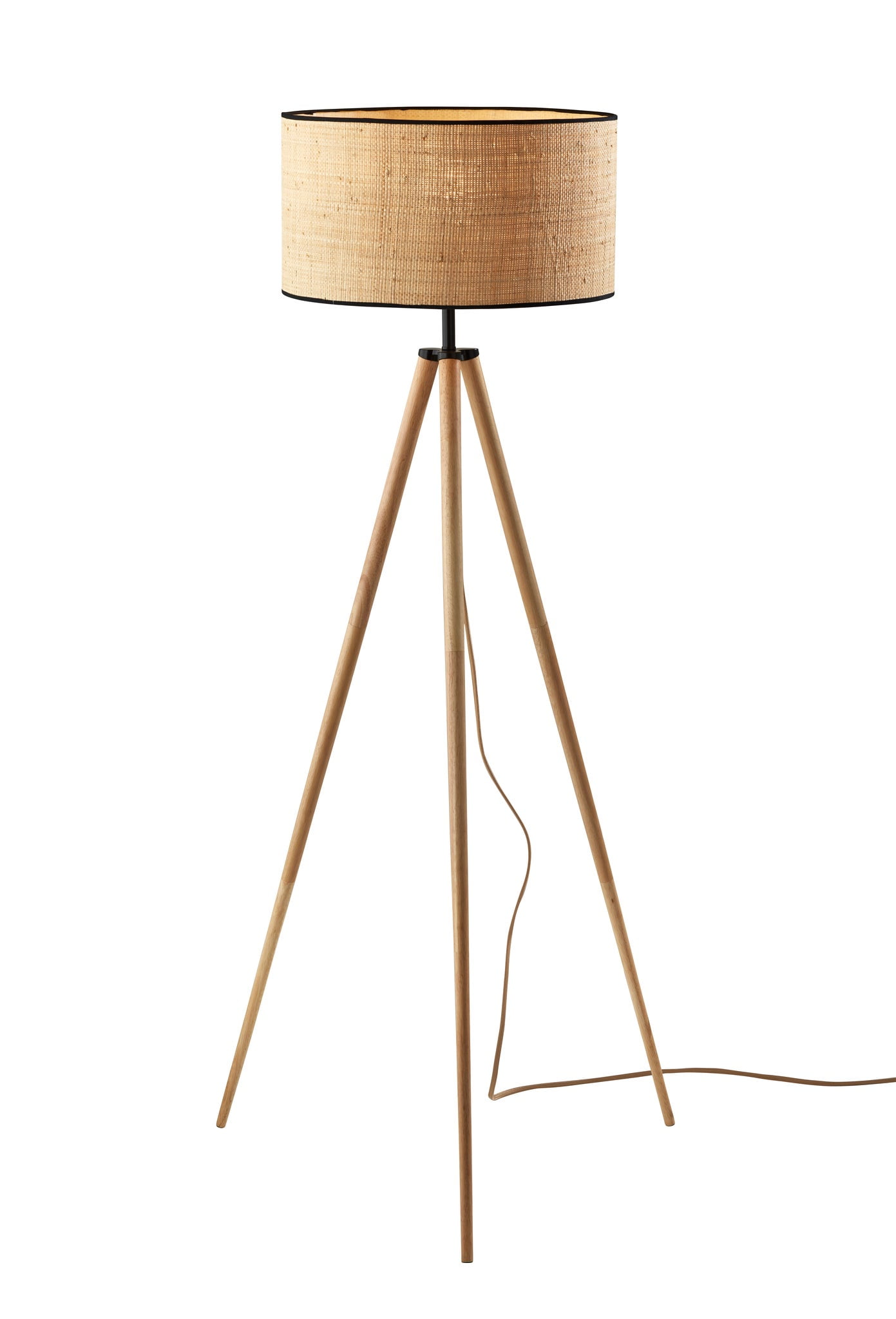 Contemporary Natural Wood Tripod Floor Lamp with Black Accents