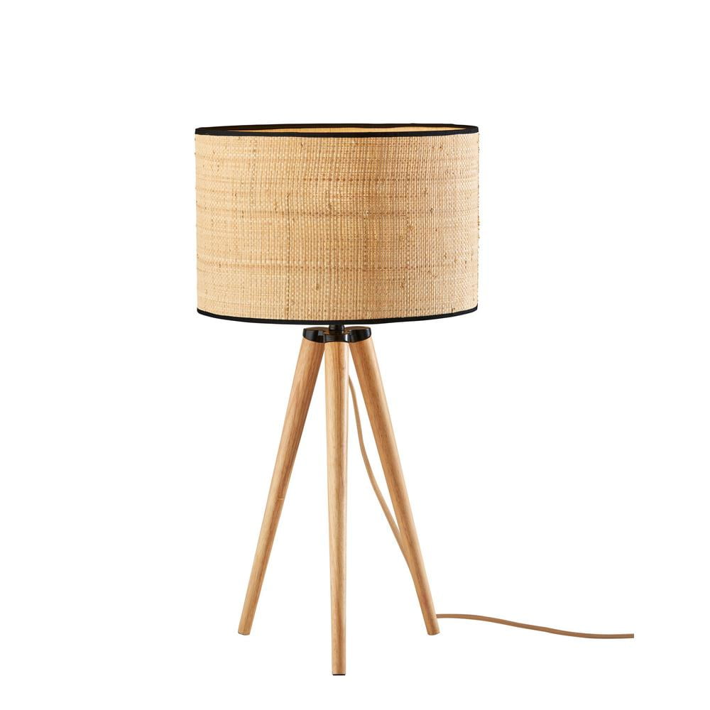 Natural Wood Tripod Table Lamp with Black Accents and Rattan Shade