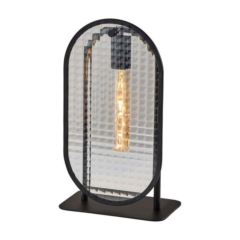 Adesso Landon Table Lantern, Black, Clear Glass w Hologram Pattern Shade