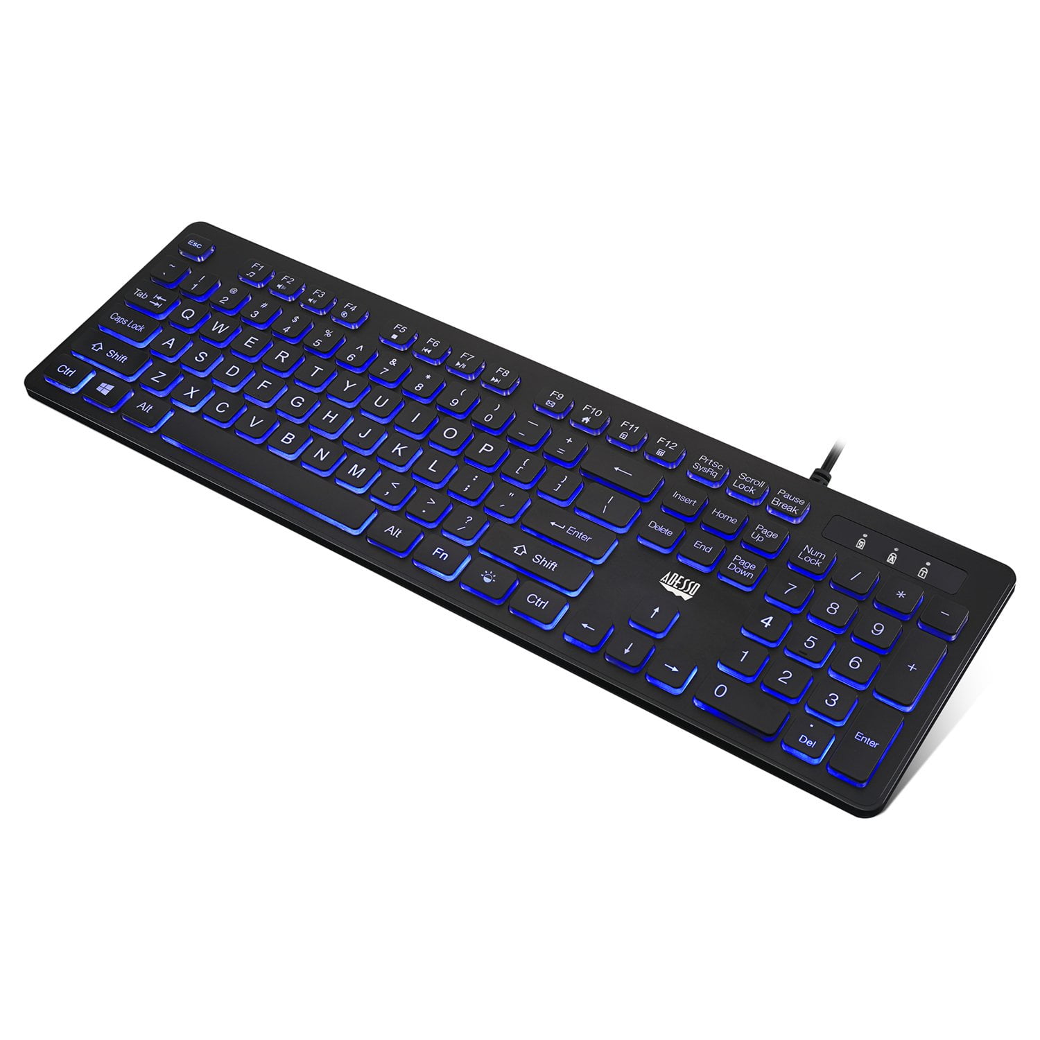 Adesso AKB-139EB Large Print Illuminated LED Keyboard 2X Big Letter Keys Blue Backlit Low Profile Quiet Switches USB Wired 104 Key Multimedia Controls Water Resistant
