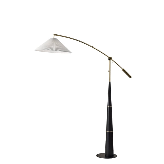 Adesso Leroy 87" Modern Adjustable Height Black & Antique Brass Arc Lamps Floor Lamp with Off-White Pleated Shades