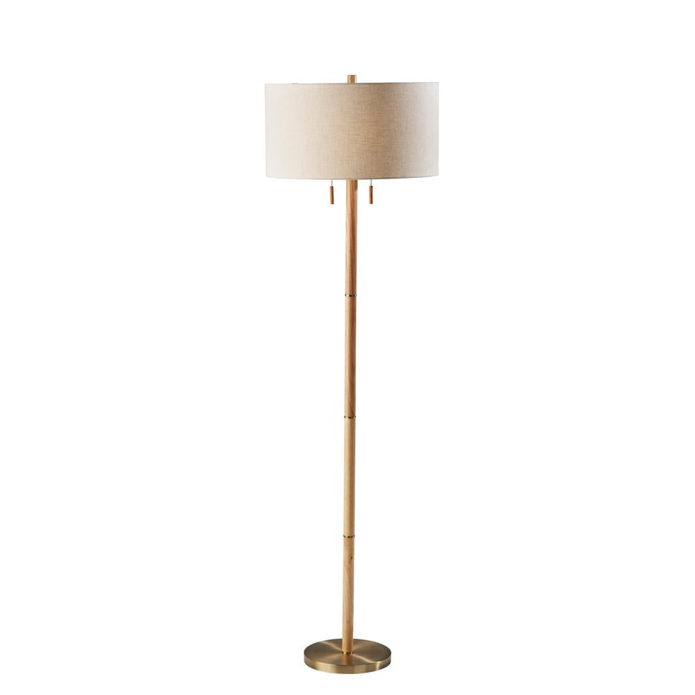 Streamlined Natural Rubberwood Floor Lamp with Antique Brass Accents