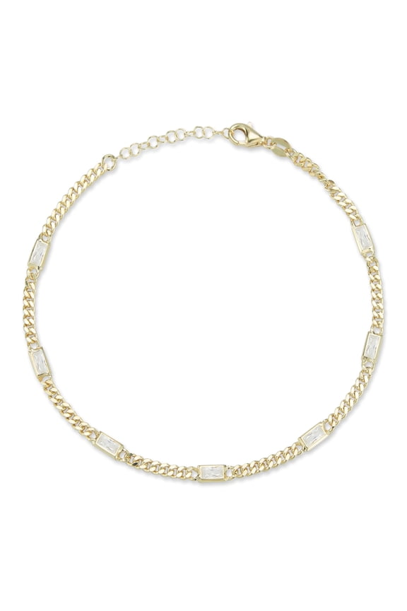 Jewelry 14K Gold Plated Sterling Silver Curb Chain Anklet for Women with Baguette CZ Stones, Womens Ankle Bracelets