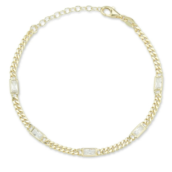 Adesso Milano Jewelry 14K Gold Plated Sterling Silver Curb Chain Bracelet with Baguette CZ for Women, Womens Bracelets
